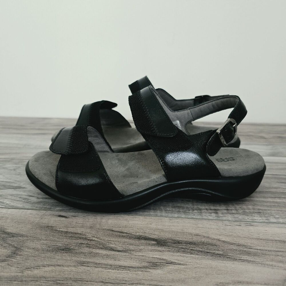 SAS Womens NUDU Black Leather Slingback Sandals Size 7.5 WW Extra Wide